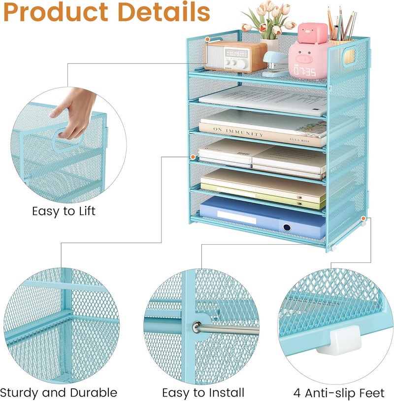 SUBEKYU 6 Tier Office File Paper Desk Tray Organizer with Handle, Stackable Slide Mesh Letter Tray Folder Blue Desk Organizer, Desktop Document Sorter for Classroom, Office, Home Supplies Storage - Image 5